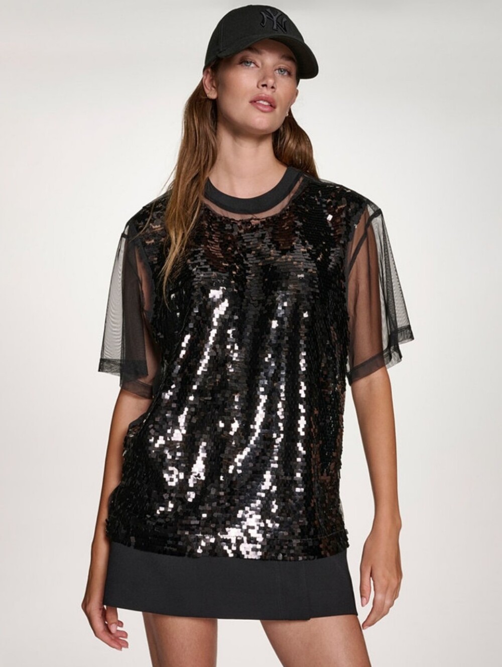 $119 DKNY Women's Sequined Layered Short Sleeves Mesh Top Black Size S